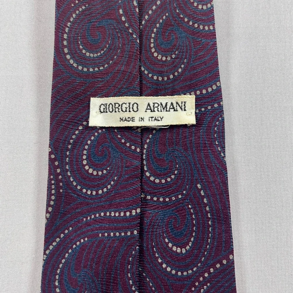 Giorgio Armani Tie Men Burgundy Blue 100% Silk Swirl Paisley Italy Made Luxury